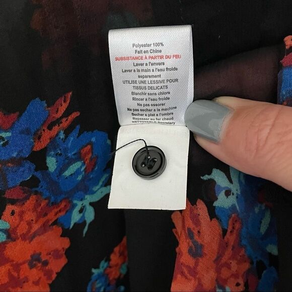 MINKPINK Sheer Black Button Down Blouse with Vibrant Red & Blue Roses, Medium - Picture 13 of 15